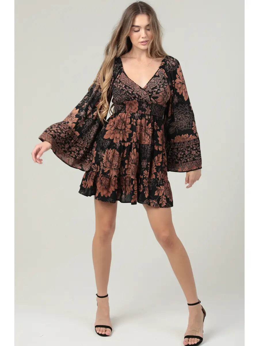 Wide Sleeve V Neck Smocked Waist Short Dress