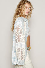 Vintage washed printed knit crochet contrast shirt