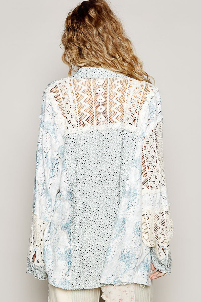 Vintage washed printed knit crochet contrast shirt