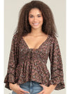 V Neck Lace Trim Bell Sleeve Blouse