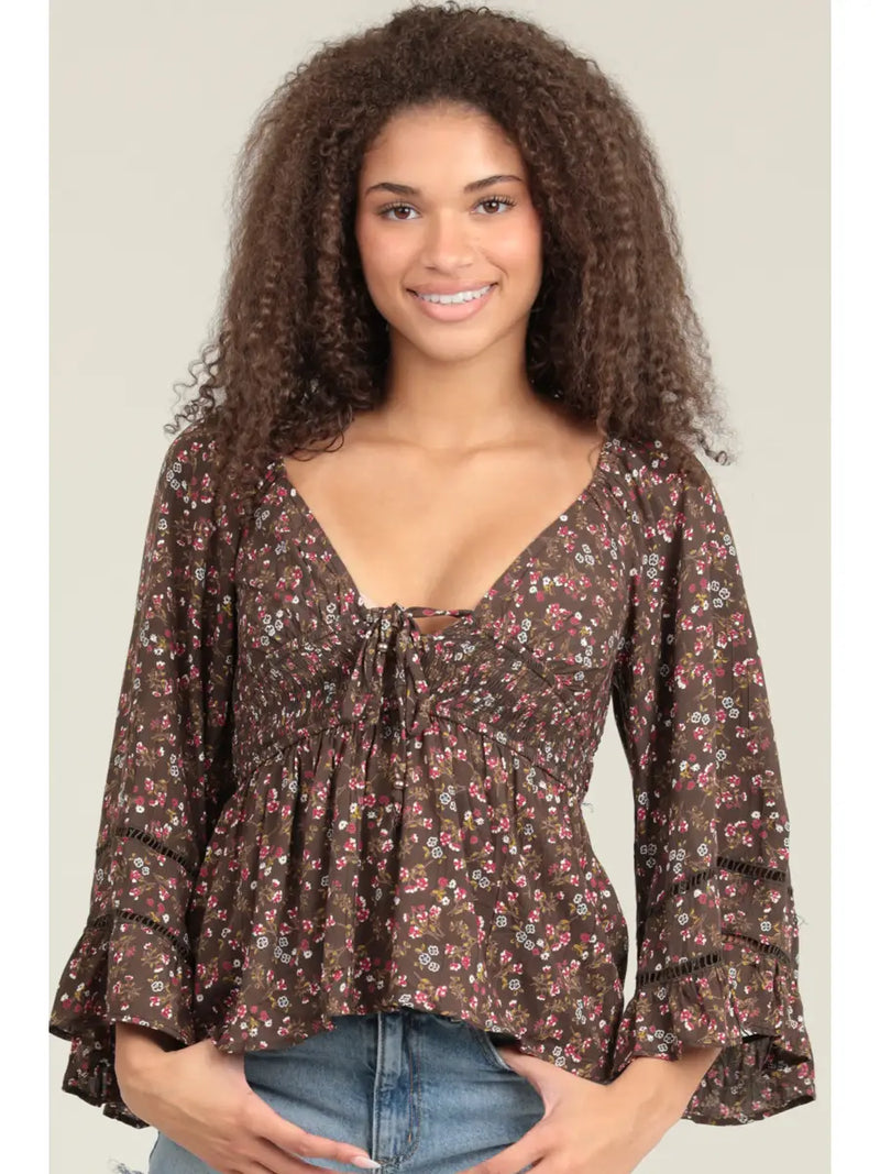 V Neck Lace Trim Bell Sleeve Blouse