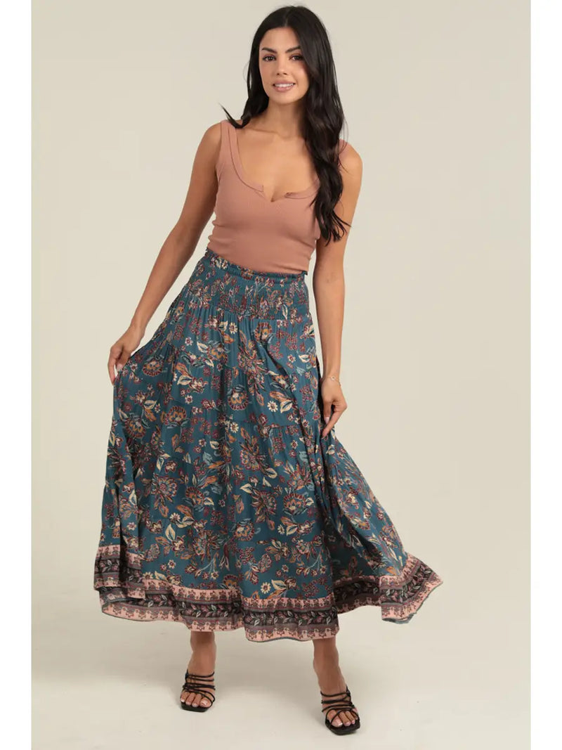Smocked Waistband A Line Maxi Skirt