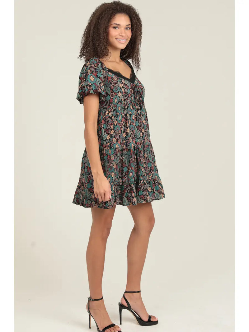 Lace Trim Short Sleeve Printed Dress