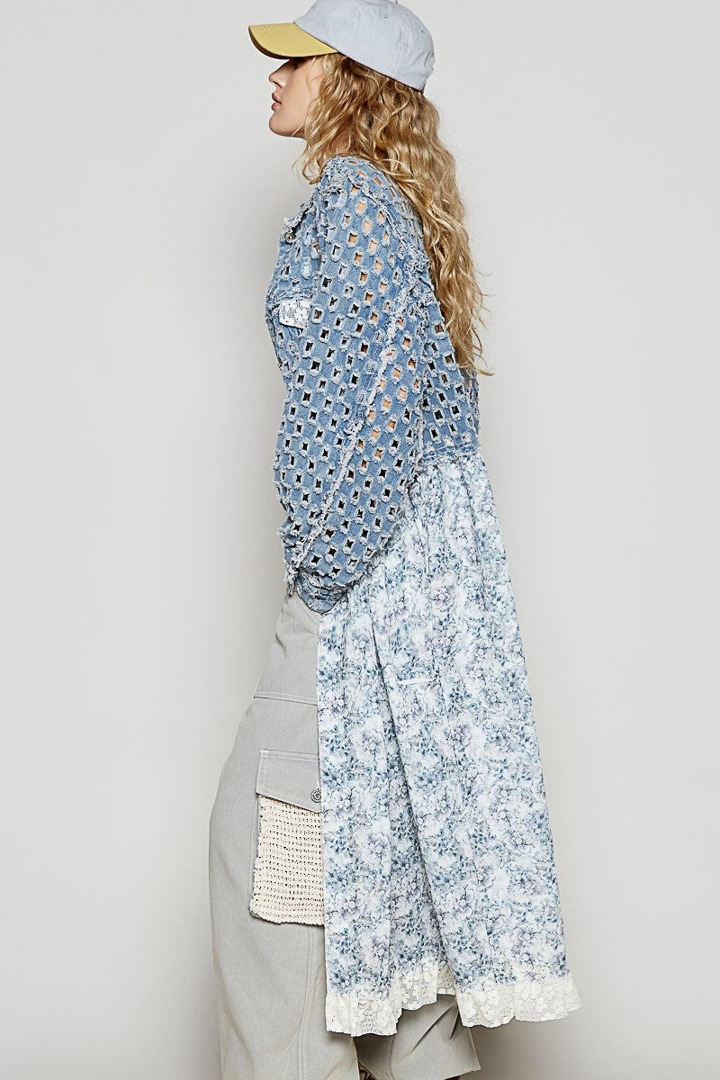Vintage washed textured long woven denim shirt