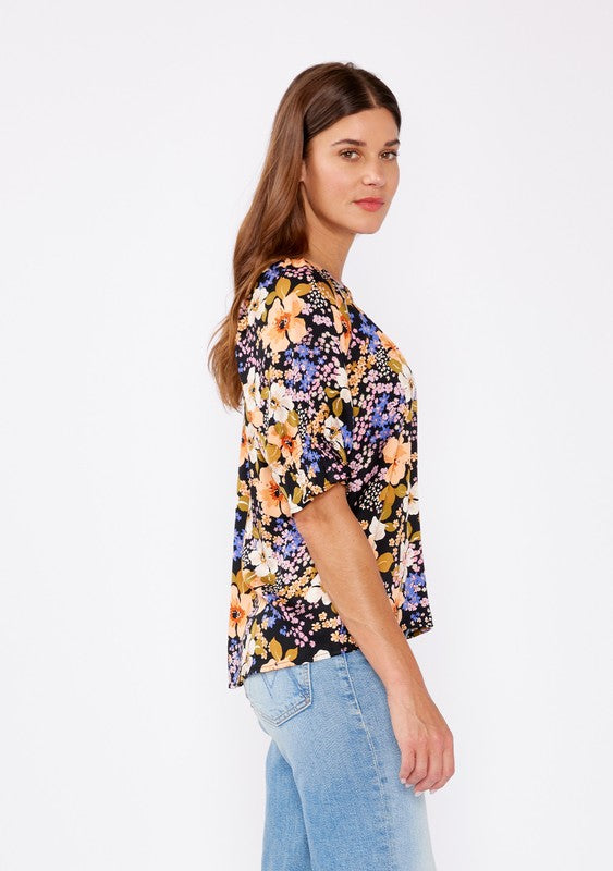 Split V-Neck Smocked Sleeve Top