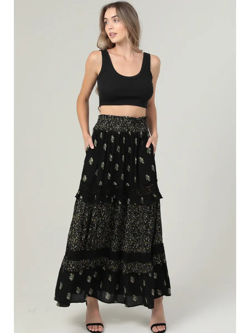 Twin Print Lace Trim Maxi Skirt with Pockets