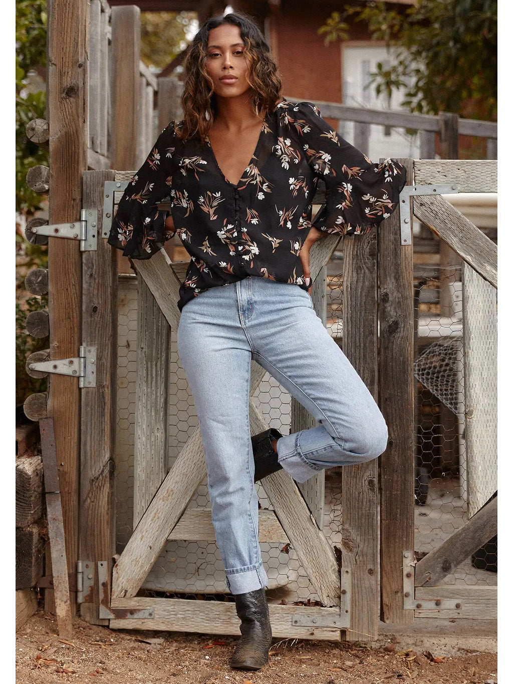 Sheer Floral Half Sleeve Button Down Blouse