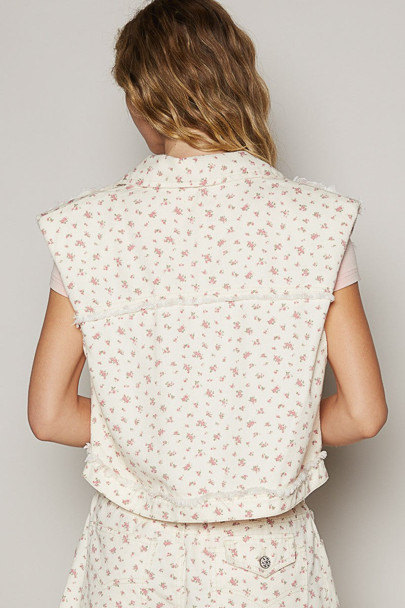 Cream/Floral assymetrical front closure distressed denim vest