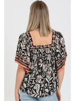 Square Neck Kimono Sleeve Printed Blouse