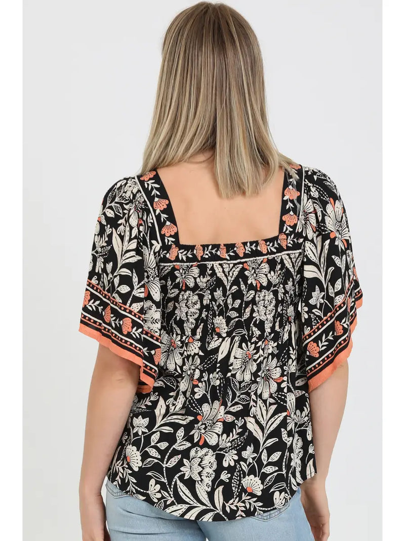 Square Neck Kimono Sleeve Printed Blouse