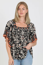 Square Neck Kimono Sleeve Printed Blouse