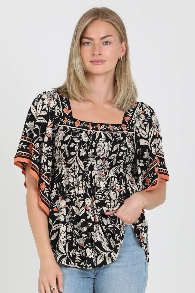 Square Neck Kimono Sleeve Printed Blouse