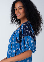 Floral Balloon Sleeve Tassel Tie Neck Blouse