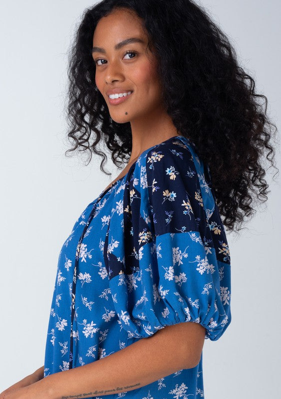 Floral Balloon Sleeve Tassel Tie Neck Blouse