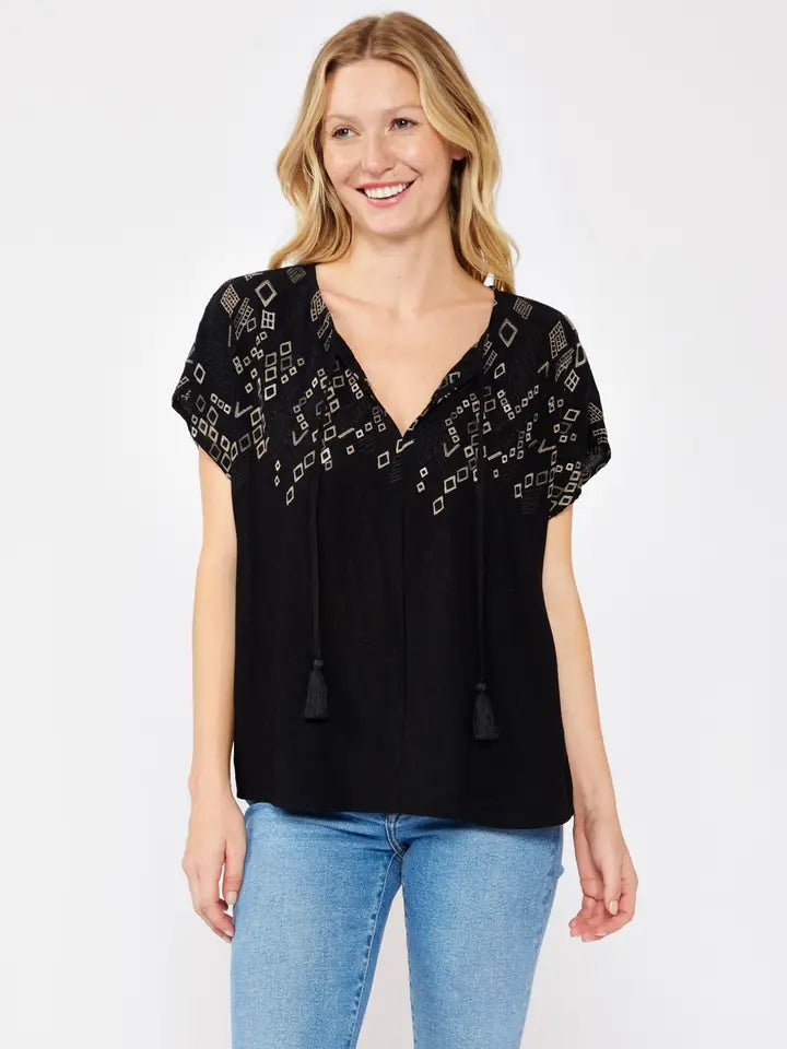 Embroidered Sleeve Tie Neck Blouse