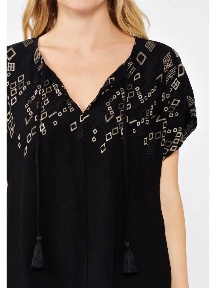 Embroidered Sleeve Tie Neck Blouse