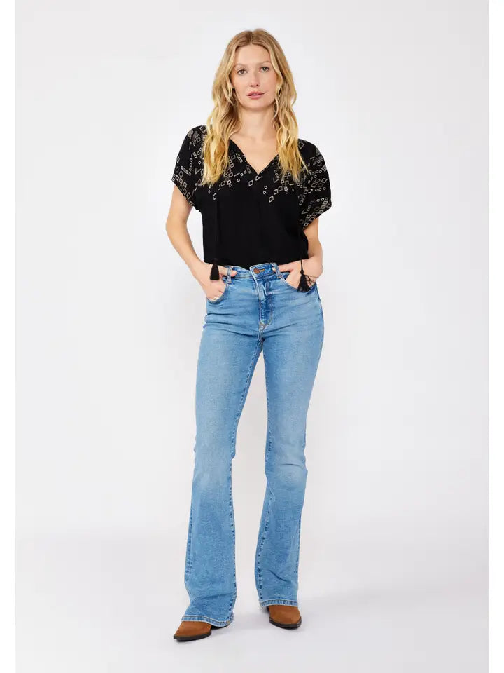 Embroidered Sleeve Tie Neck Blouse