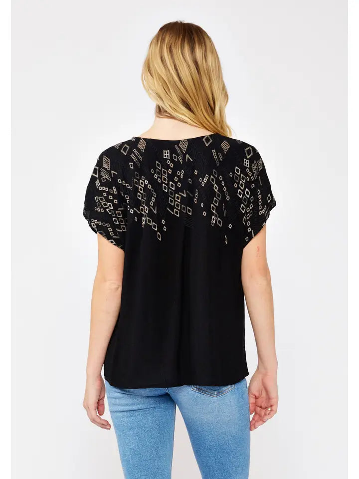 Embroidered Sleeve Tie Neck Blouse