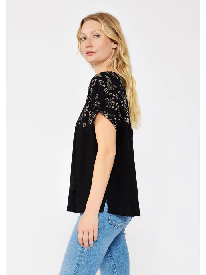 Embroidered Sleeve Tie Neck Blouse