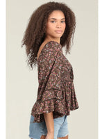 V Neck Lace Trim Bell Sleeve Blouse