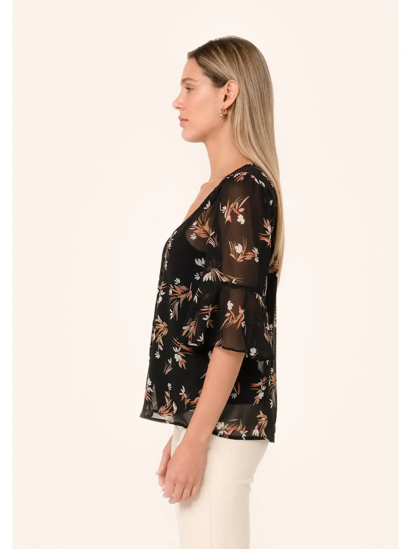 Sheer Floral Half Sleeve Button Down Blouse