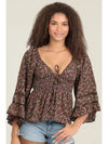 V Neck Lace Trim Bell Sleeve Blouse