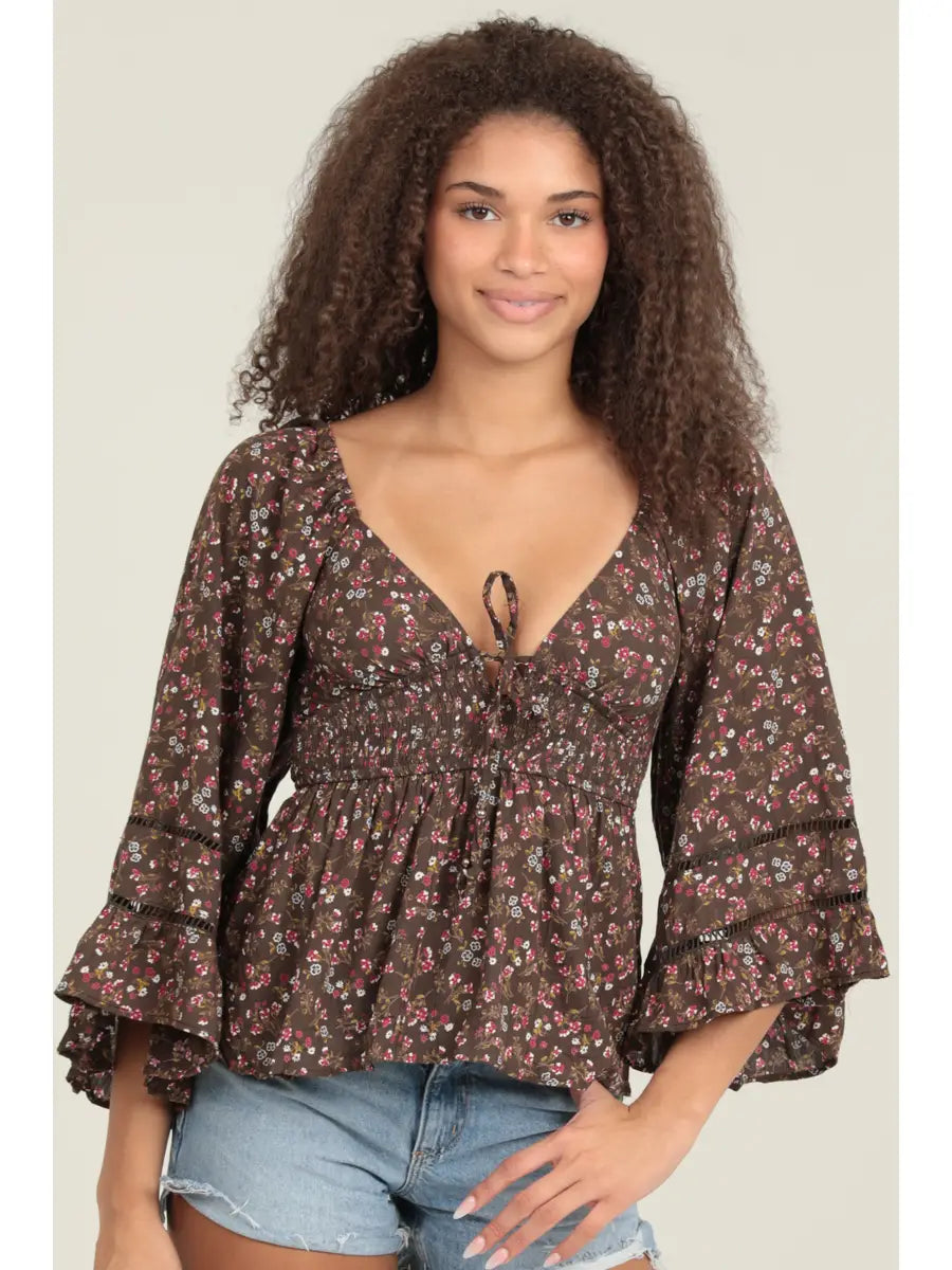 V Neck Lace Trim Bell Sleeve Blouse