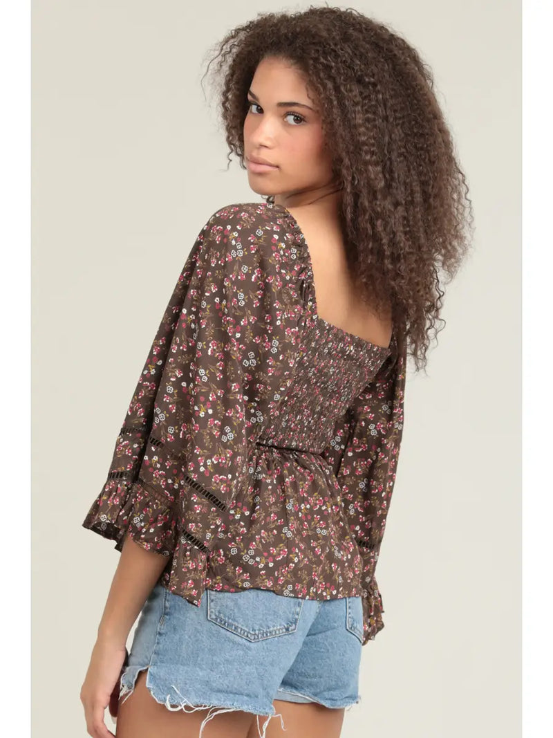 V Neck Lace Trim Bell Sleeve Blouse