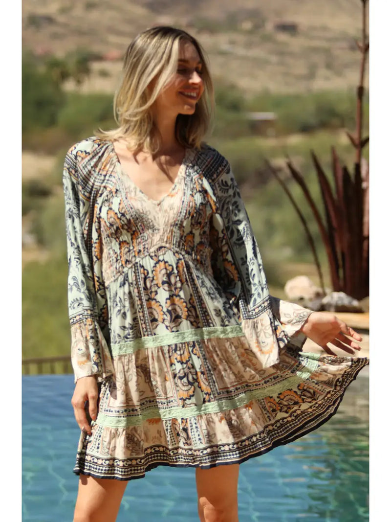 V Neck Smocked Bodice Long Bell Sleeve Lace Trim