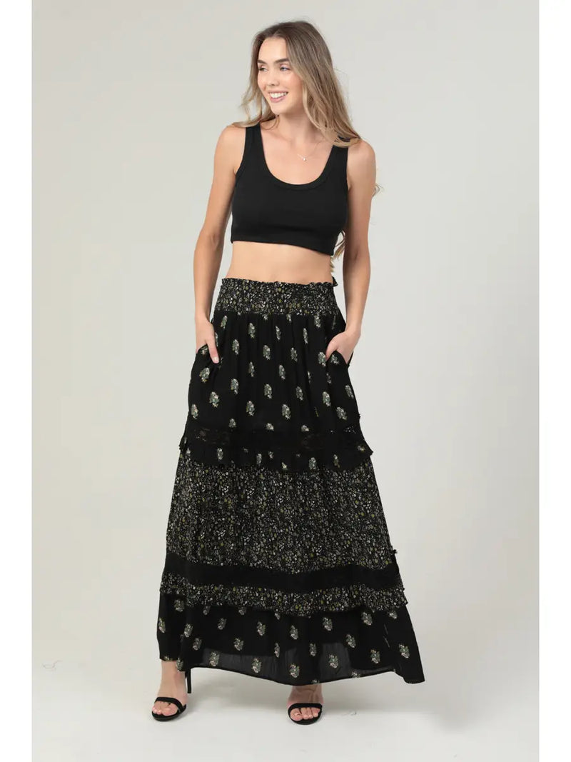 Twin Print Lace Trim Maxi Skirt with Pockets