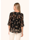 Sheer Floral Half Sleeve Button Down Blouse