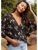 Sheer Floral Half Sleeve Button Down Blouse