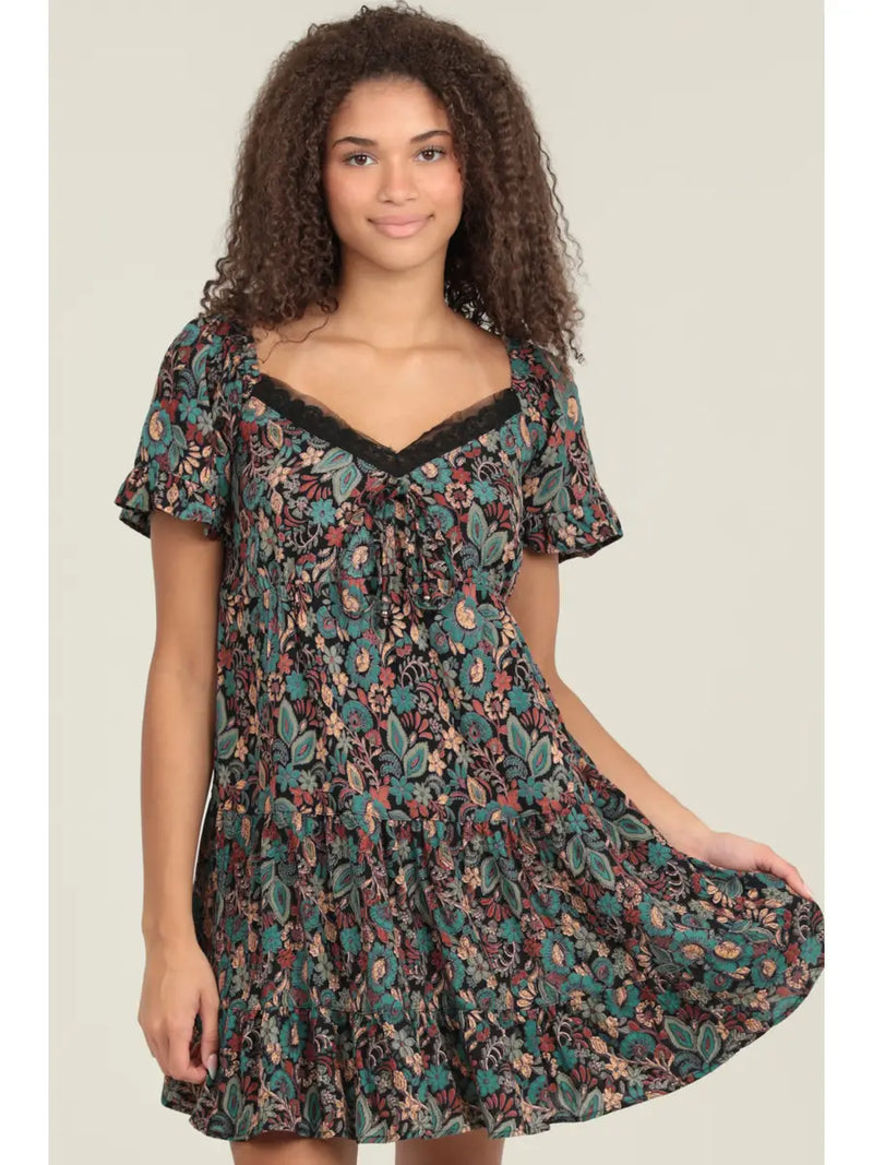 Lace Trim Short Sleeve Printed Dress