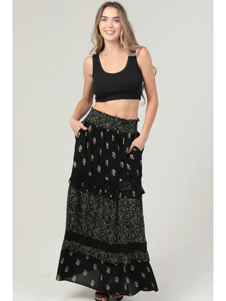 Twin Print Lace Trim Maxi Skirt with Pockets
