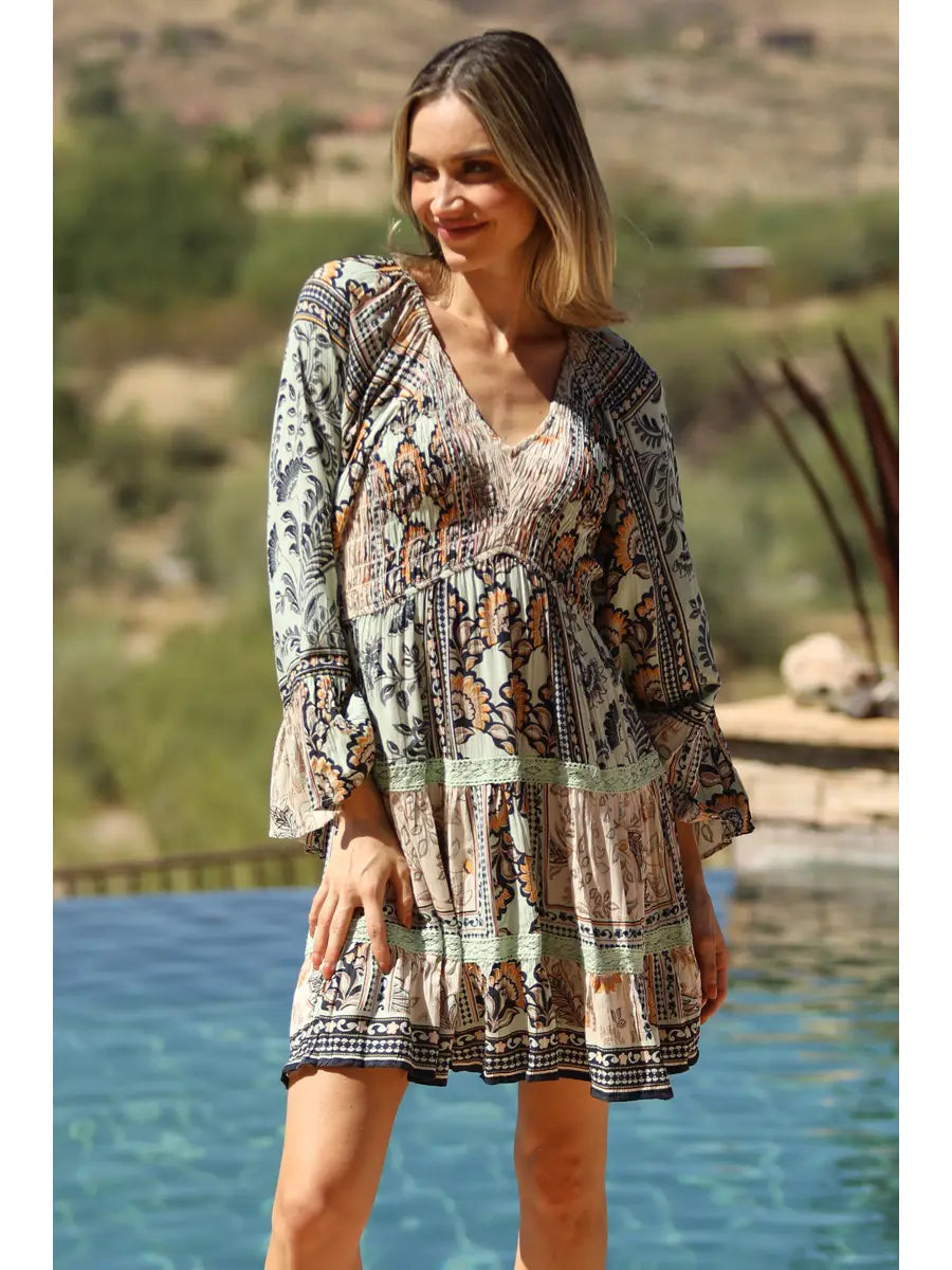 V Neck Smocked Bodice Long Bell Sleeve Lace Trim