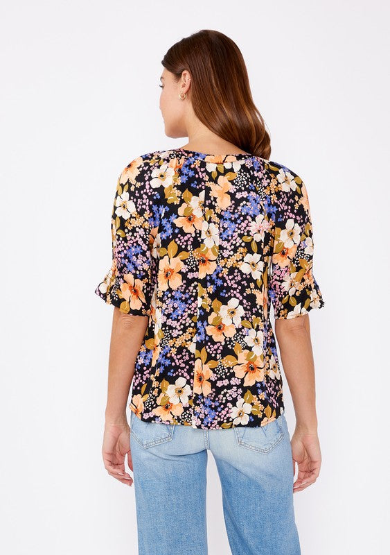 Split V-Neck Smocked Sleeve Top
