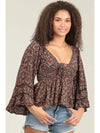 V Neck Lace Trim Bell Sleeve Blouse