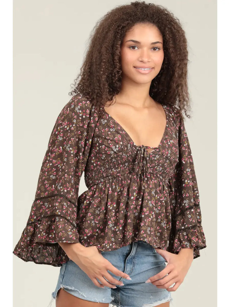 V Neck Lace Trim Bell Sleeve Blouse