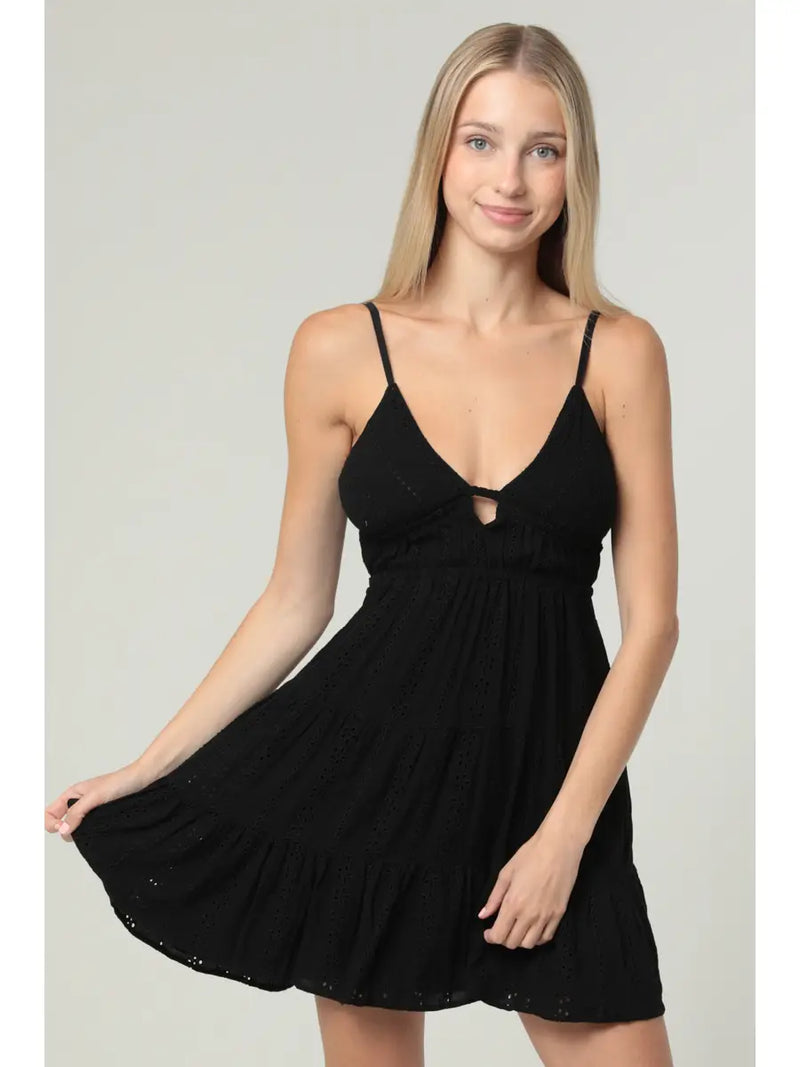 Eyelet Embroidered V Neck Open Tie Back Dress