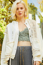 Cream Cut sew multi fabric hooded button down shacket