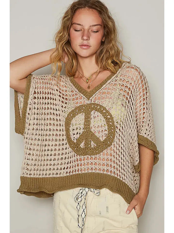 Beige/Olive Oversize v-neck peace sign sweater
