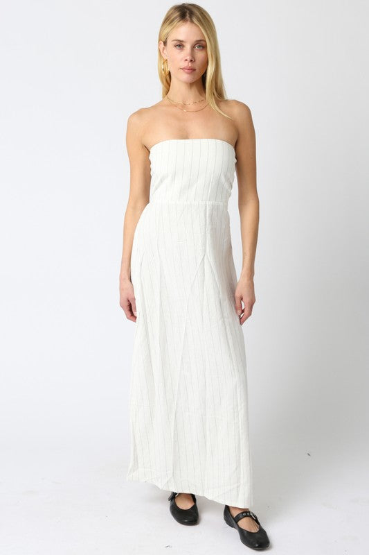 stripe strapless maxi